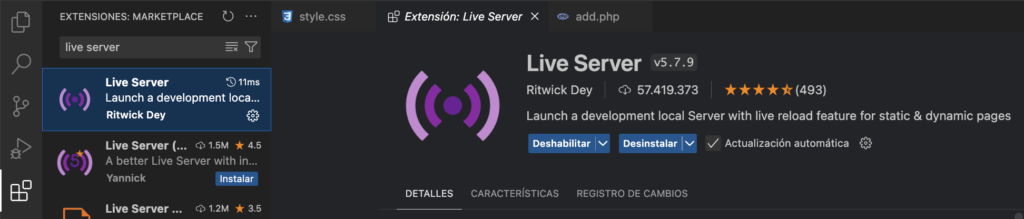 Imagen de la extension Live Server en Visual Studio Code