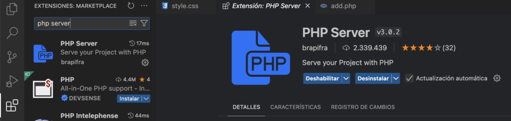 Imagen de la extion PHP Server en Visual Studio Code